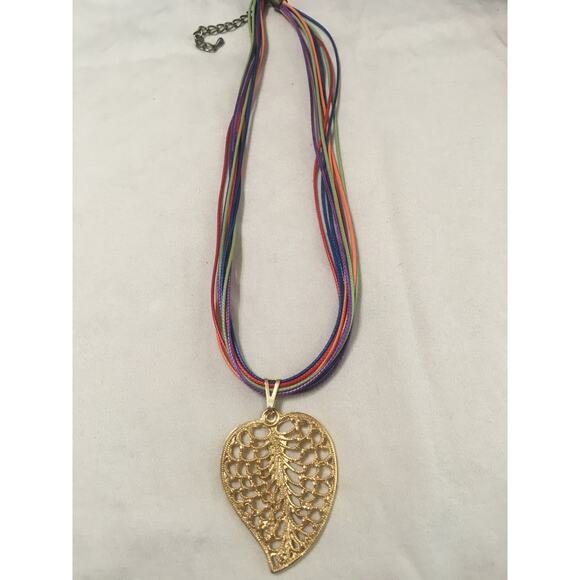 Rainbow Colored Cords & Gold Tone Filagree Leaf, 2 inches, Necklace 16 inches - Picture 2 of 2